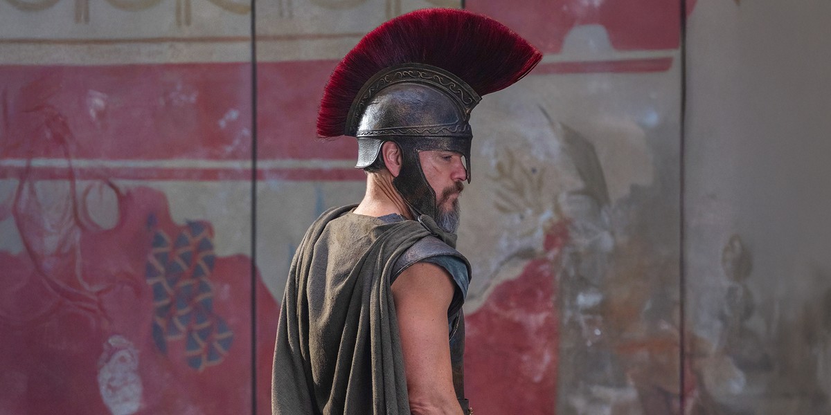 Affiche de L'Odyssée de Christopher Nolan entourée de cinq grands classiques du péplum : Ben-Hur, Gladiator, Troie, 300 et Jason et les Argonautes.